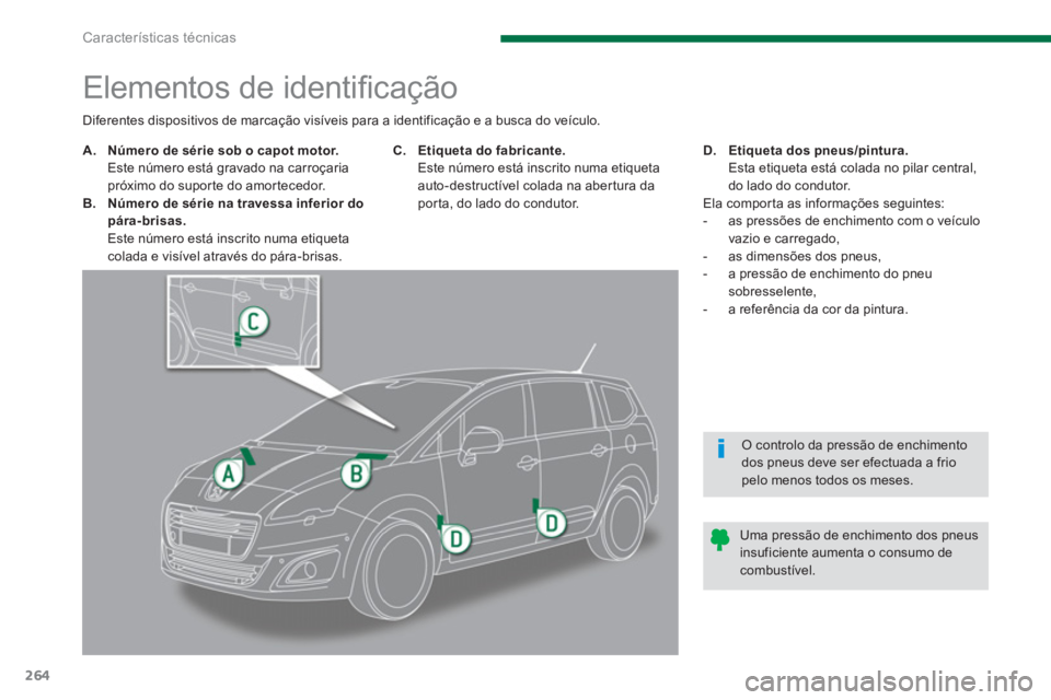 PEUGEOT 5008 2014 Manual de utilização (in Portuguese) Características técnicas
264
Elementos de identifi cação
A.
Número de série sob o capot motor.
Este número está gravado na c PEUGEOT 5008 2014 Manual de utilização (in Portuguese) Características técnicas
264
Elementos de identifi cação
A.
Número de série sob o capot motor.
Este número está gravado na c