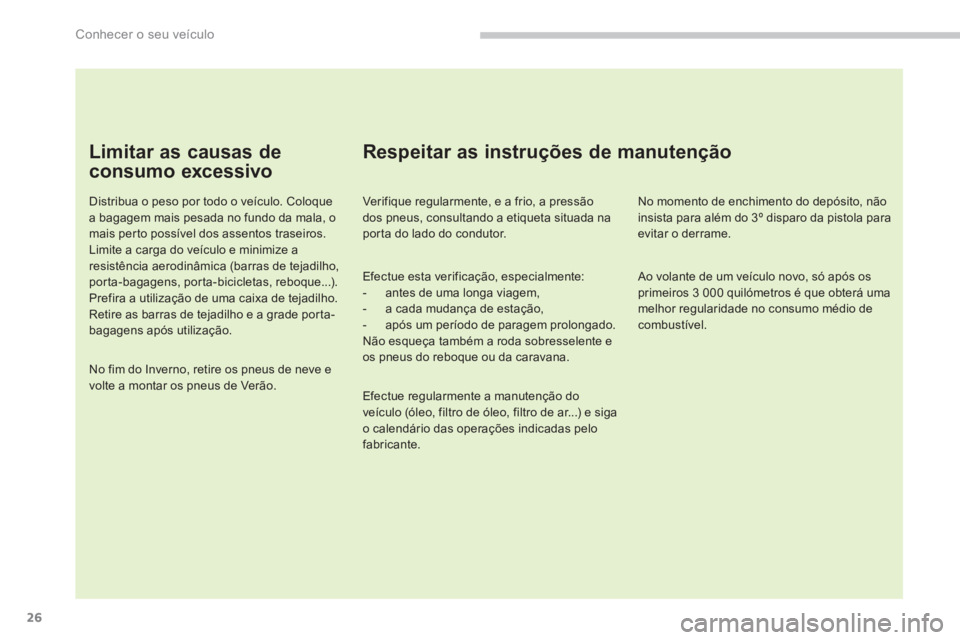 PEUGEOT 5008 2014  Manual de utilização (in Portuguese) Conhecer o seu veículo
26
   
Limitar as causas de 
consumo excessivo 
   
Distribua o peso por todo o veículo. Coloque 
a bagagem mais pesada no fundo da mala, o 
mais perto possível dos assentos 