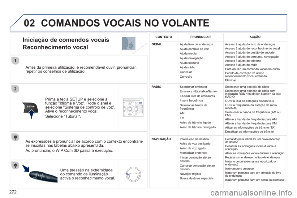 PEUGEOT 5008 2014  Manual de utilização (in Portuguese) 272
02
SETUP2ABC3DEF5JKL4GHI6MNO8TUV7PQRS9WXYZ0*#
1NAV TRAFFICADDR
BOOKSETUP
   
Antes da primeira utilização, é recomendável ouvir, pronunciar, 
repetir os conselhos de utilização.  
   
Prima 