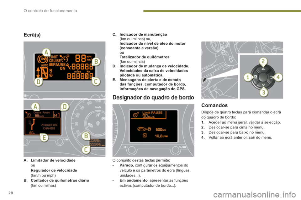 PEUGEOT 5008 2014  Manual de utilização (in Portuguese) O controlo de funcionamento
28
   
Ecrã(s) 
 
 
 
 
 
 
 
 
 
 
 
 
 
Designador do quadro de bordo 
 
O conjunto destas teclas permite: 
   
 
-   Parado 
, configurar os equipamentos do 
veículo e