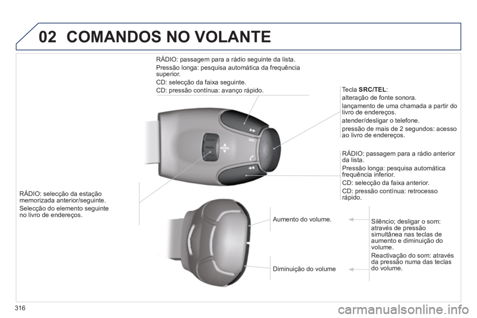 PEUGEOT 5008 2014  Manual de utilização (in Portuguese) 316
02
   
 
RÁDIO: selecção da estação 
memorizada anterior/seguinte. 
  Selecção do elemento seguinte 
no livro de endereços.     
Tecla  SRC/TEL 
: 
  alteração de fonte sonora. 
  lança