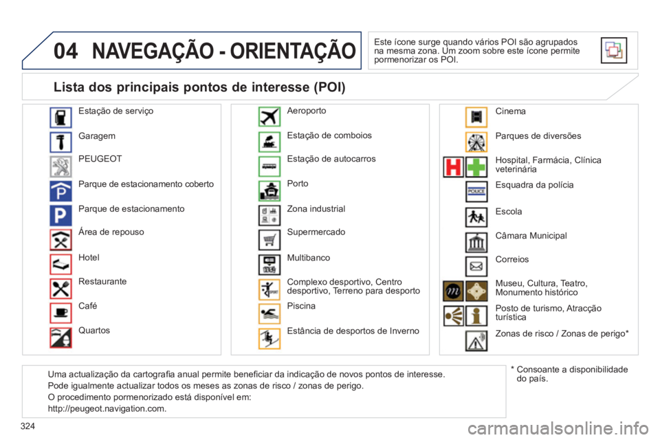 PEUGEOT 5008 2014  Manual de utilização (in Portuguese) 324
04  NAVEGAÇÃO - ORIENTAÇÃO 
 
Este ícone surge quando vários POI são agrupados 
na mesma zona. Um zoom sobre este ícone permite 
pormenorizar os POI. 
   
Estação de serviço 
  Garagem 