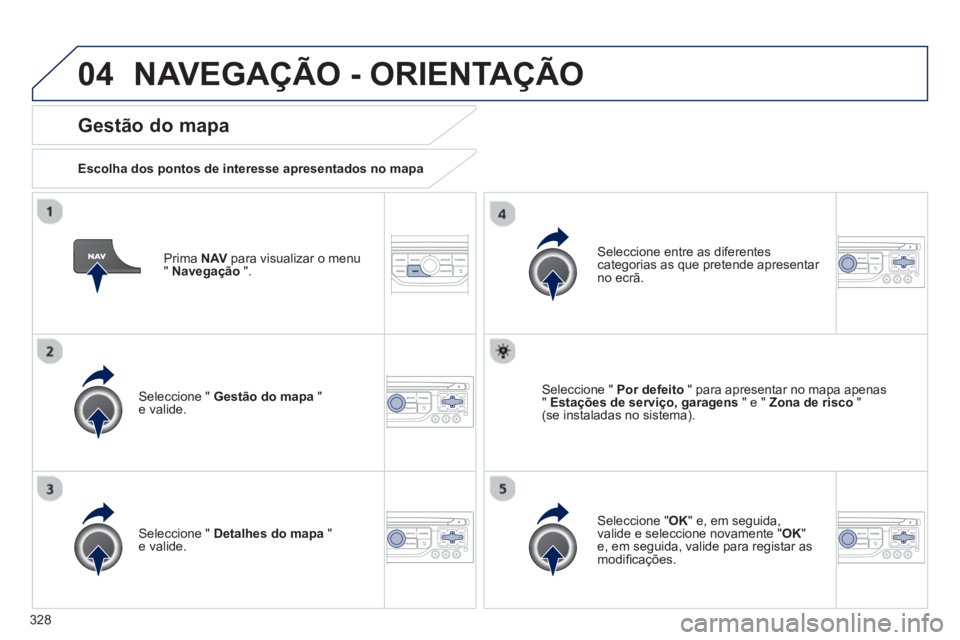 PEUGEOT 5008 2014  Manual de utilização (in Portuguese) 328
04
   
Prima  NAV 
 para visualizar o menu 
"  Navegação 
 ".  
 
 
Gestão do mapa 
 
 
Escolha dos pontos de interesse apresentados no mapa  
   
Seleccione "  Gestão do mapa 
 " 
e valide.  