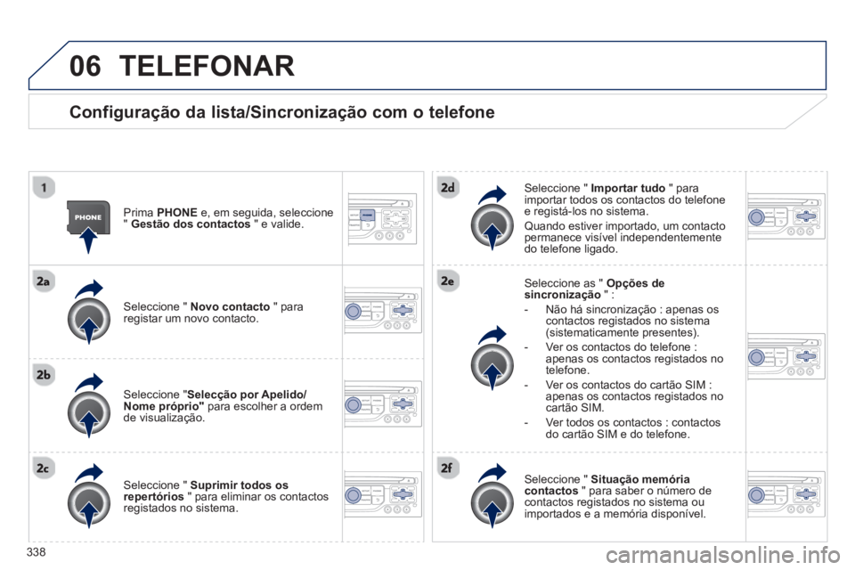 PEUGEOT 5008 2014 Manual de utilização (in Portuguese) 338
06 TELEFONAR
Configuração da lista/Sincronização com o telefone
Prima PHONE
e, em seguida, seleccione
" Gestão dos contactos
" e valide.
Seleccione " Novo contacto
PEUGEOT 5008 2014 Manual de utilização (in Portuguese) 338
06 TELEFONAR
Configuração da lista/Sincronização com o telefone
Prima PHONE
e, em seguida, seleccione
" Gestão dos contactos
" e valide.
Seleccione " Novo contacto