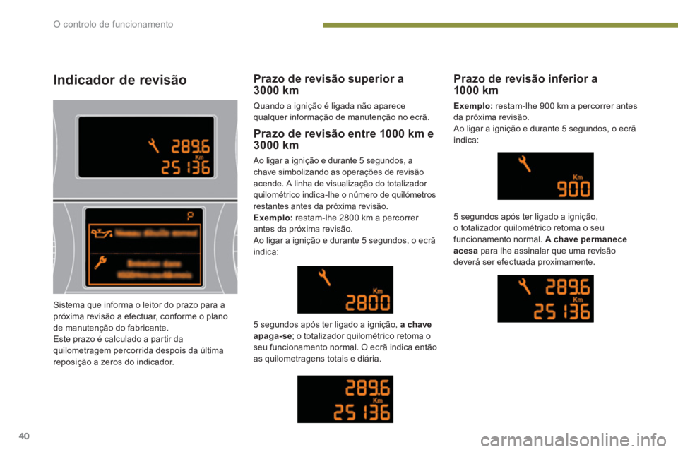 PEUGEOT 5008 2014 Manual de utilização (in Portuguese) O controlo de funcionamento
40
Indicador de revisão
Prazo de revisão entre 1000 km e
3000 km
Ao ligar a ignição e durante 5 segundos, a
chave simbolizando as operações de PEUGEOT 5008 2014 Manual de utilização (in Portuguese) O controlo de funcionamento
40
Indicador de revisão
Prazo de revisão entre 1000 km e
3000 km
Ao ligar a ignição e durante 5 segundos, a
chave simbolizando as operações de