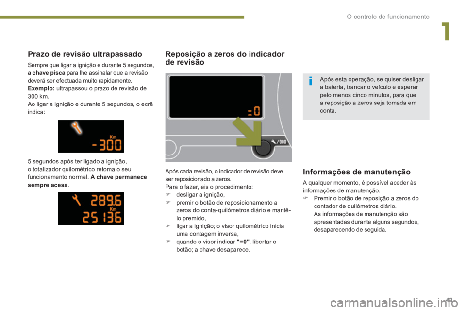 PEUGEOT 5008 2014 Manual de utilização (in Portuguese) 1
O controlo de funcionamento
41
Reposição a zeros do indicador
de revisão
Após cada revisão, o indicador de revisão deve
ser reposicionado a zeros.
Para o fazer, eis o p PEUGEOT 5008 2014 Manual de utilização (in Portuguese) 1
O controlo de funcionamento
41
Reposição a zeros do indicador
de revisão
Após cada revisão, o indicador de revisão deve
ser reposicionado a zeros.
Para o fazer, eis o p