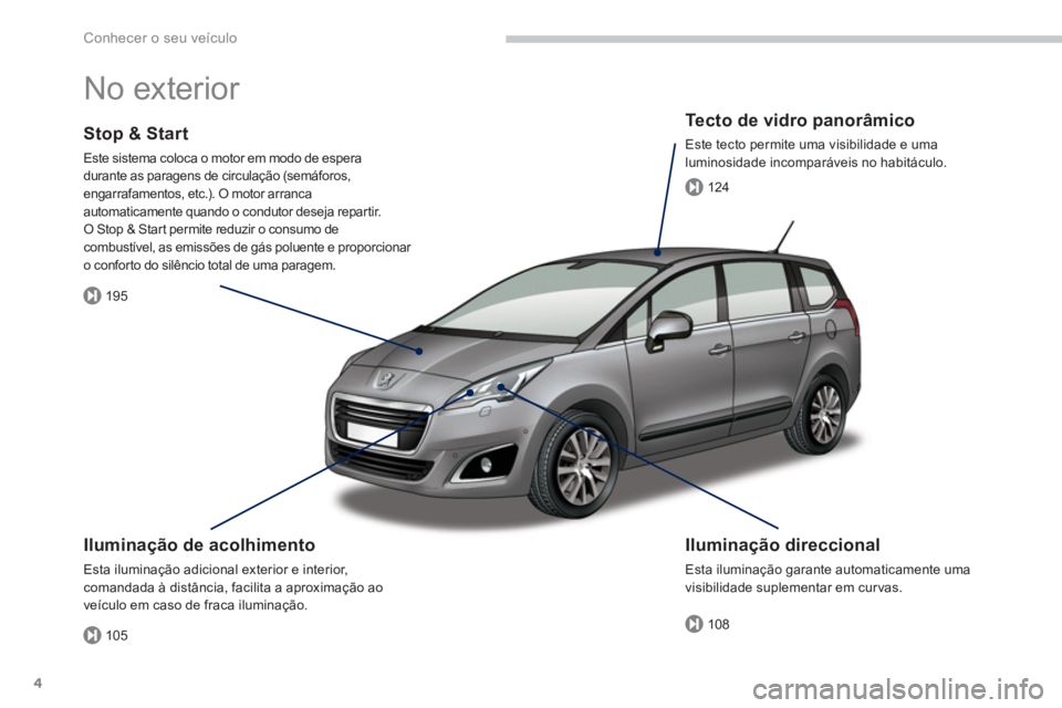 PEUGEOT 5008 2014  Manual de utilização (in Portuguese) 105
195
108
124
Conhecer o seu veículo
4
  No exterior  
 
 
Iluminação de acolhimento 
 
Esta iluminação adicional exterior e interior, 
comandada à distância, facilita a aproximação ao 
ve�