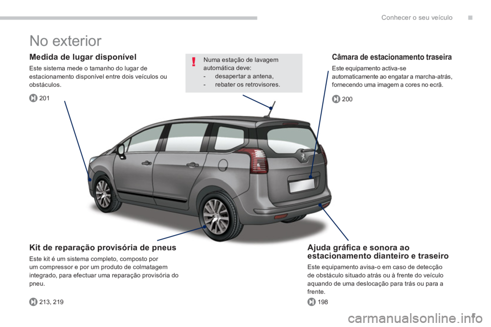 PEUGEOT 5008 2014  Manual de utilização (in Portuguese) .
201
213, 219198
200
Conhecer o seu veículo
5
  No exterior  
 
 
Ajuda gráﬁ ca e sonora ao 
estacionamento dianteiro e traseiro 
  Este equipamento avisa-o em caso de detecção 
de obstáculo s