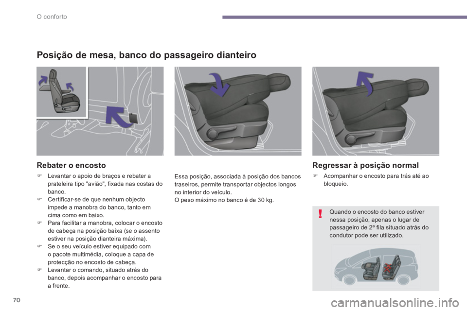 PEUGEOT 5008 2014  Manual de utilização (in Portuguese) O conforto
70
   
 
 
 
 
 
 
 
 
Posição de mesa, banco do passageiro dianteiro 
 
 
Essa posição, associada à posição dos bancos 
traseiros, permite transportar objectos longos 
no interior d