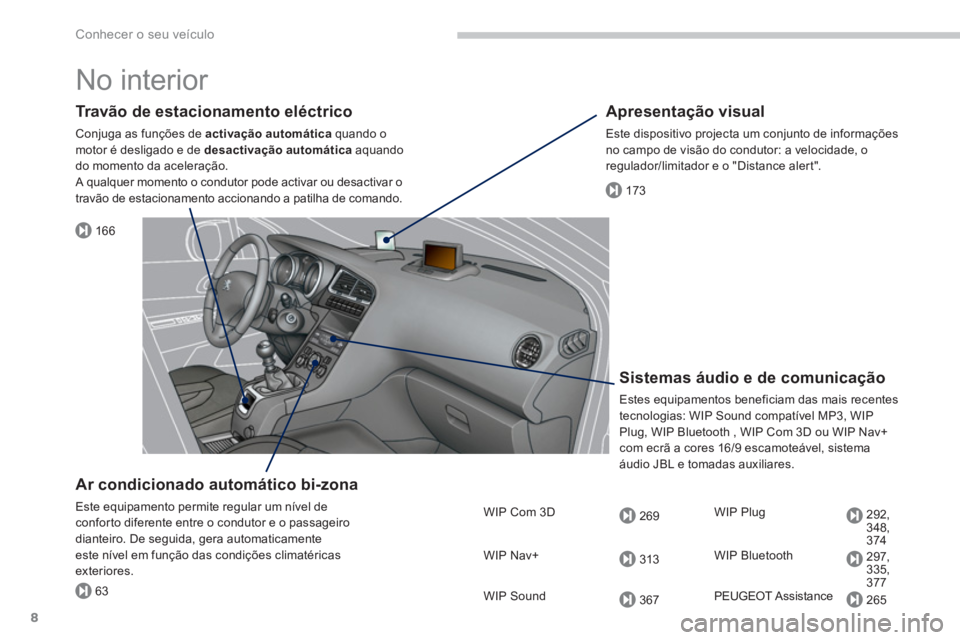 PEUGEOT 5008 2014  Manual de utilização (in Portuguese) 166
173
63
269
313
367
292,
348,
374
297,
335,
377
265
Conhecer o seu veículo
8
  No interior  
 
 
Travão de estacionamento eléctrico 
 
Conjuga as funções de  activação automática 
 quando o