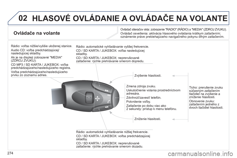 PEUGEOT 5008 2014 Návod na použitie (in Slovakian) 274
02 HLASOVÉ OVLÁDANIE A OVLÁDAČE NA VOLANTE
Ovládače na volante
Ovládač stieračov skla: zobrazenie "RADIO" (RÁDIO) a "MEDIA" (ZDROJ ZVUKU).
Ovládač osvetlenia: a PEUGEOT 5008 2014 Návod na použitie (in Slovakian) 274
02 HLASOVÉ OVLÁDANIE A OVLÁDAČE NA VOLANTE
Ovládače na volante
Ovládač stieračov skla: zobrazenie "RADIO" (RÁDIO) a "MEDIA" (ZDROJ ZVUKU).
Ovládač osvetlenia: a