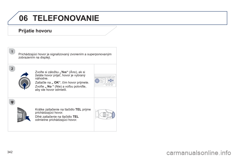 PEUGEOT 5008 2014 Návod na použitie (in Slovakian) 342
06 TELEFONOVANIE
Prijatie hovoru
Prichádzajúci hovor je signalizovaný zvonením a superponovaným
zobrazením na displeji.
Zvoľte si záložku „Yes“
(Áno), ak si
že PEUGEOT 5008 2014 Návod na použitie (in Slovakian) 342
06 TELEFONOVANIE
Prijatie hovoru
Prichádzajúci hovor je signalizovaný zvonením a superponovaným
zobrazením na displeji.
Zvoľte si záložku „Yes“
(Áno), ak si
že