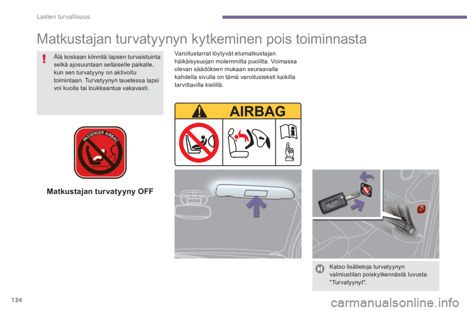 PEUGEOT 5008 2014  Omistajan Käsikirja (in Finnish) Lasten turvallisuus
134
   
Matkustajan turvatyyny OFF  
 
 
Katso lisätietoja turvatyynyn 
valmiustilan poiskytkennästä luvusta 
"Turvatyynyt".  
 
 
Matkustajan turvatyynyn kytkeminen pois toimin