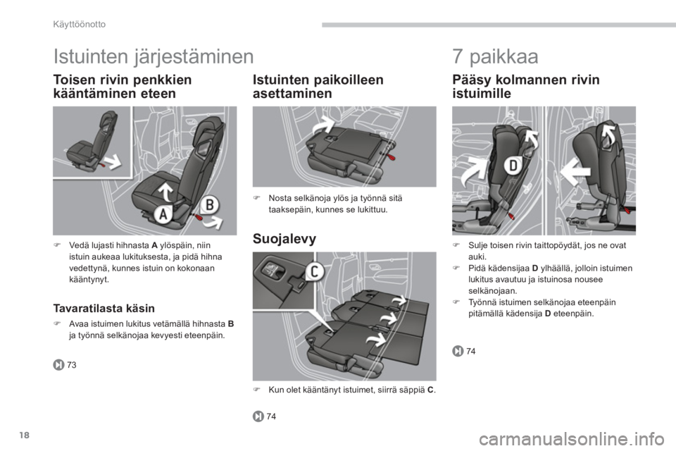 PEUGEOT 5008 2014  Omistajan Käsikirja (in Finnish) 73
74
74
Käyttöönotto
18
  Istuinten järjestäminen 
 
 
Suojalevy     
Istuinten paikoilleen 
asettaminen 
   
 
�) 
  Nosta selkänoja ylös ja työnnä sitä 
taaksepäin, kunnes se lukittuu.  