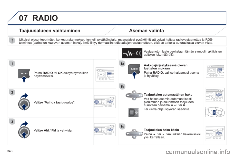 PEUGEOT 5008 2014 Omistajan Käsikirja (in Finnish) 346
07
Aakkosjärjestyksessä olevan
luettelon mukaan
Paina RADIO
, valitse haluamasi asema
ja hyväksy.
Taajuuksien automaattinen haku
Voit hakea asemia automaattisesti
pienimmä PEUGEOT 5008 2014 Omistajan Käsikirja (in Finnish) 346
07
Aakkosjärjestyksessä olevan
luettelon mukaan
Paina RADIO
, valitse haluamasi asema
ja hyväksy.
Taajuuksien automaattinen haku
Voit hakea asemia automaattisesti
pienimmä