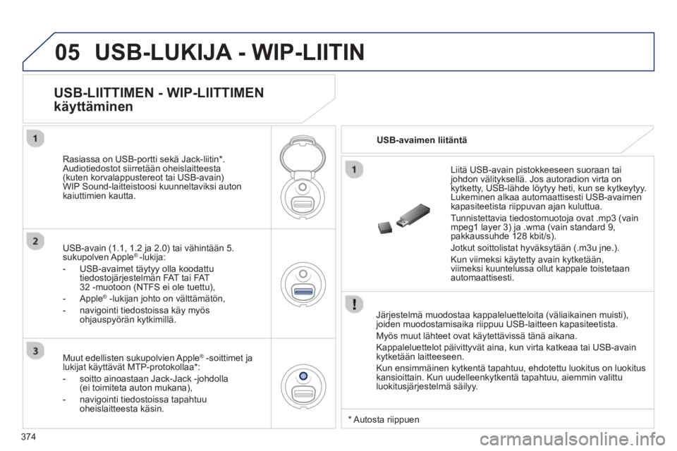 PEUGEOT 5008 2014 Omistajan Käsikirja (in Finnish) 374
05 USB-LUKIJA - WIP-LIITIN
Järjestelmä muodostaa kappaleluetteloita (väliaikainen muisti),
joiden muodostamisaika riippuu USB-laitteen kapasiteetista.
Myös muut lähteet ovat käytet PEUGEOT 5008 2014 Omistajan Käsikirja (in Finnish) 374
05 USB-LUKIJA - WIP-LIITIN
Järjestelmä muodostaa kappaleluetteloita (väliaikainen muisti),
joiden muodostamisaika riippuu USB-laitteen kapasiteetista.
Myös muut lähteet ovat käytet