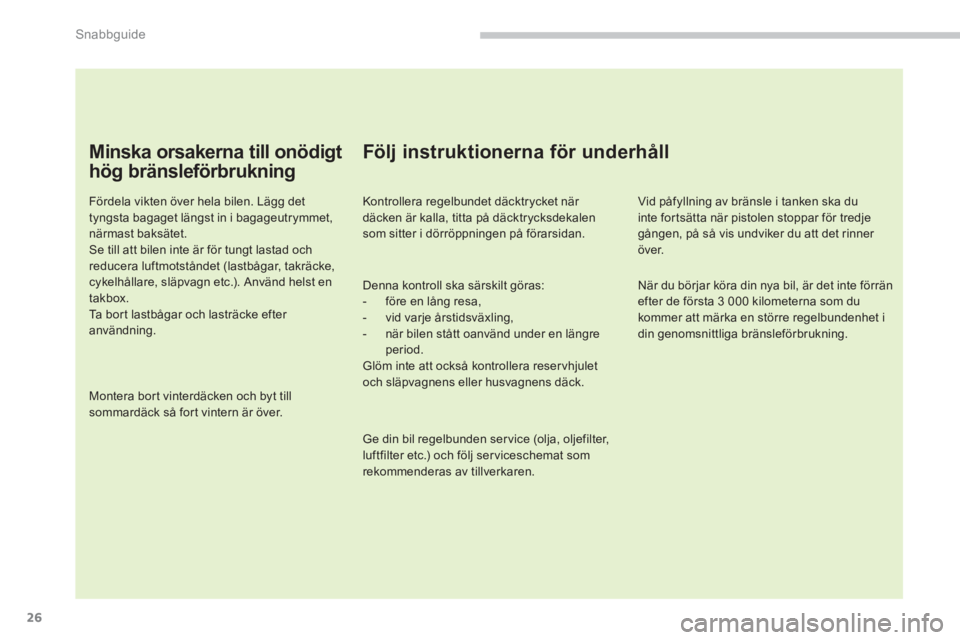 PEUGEOT 5008 2014 Bruksanvisningar (in Swedish) Snabbguide
26
Minska orsakerna till onödigt
hög bränsleförbrukning
Fördela vikten över hela bilen. Lägg det
tyngsta bagaget längst in i bagageutrymmet,
närmast baksätet.
Se ti PEUGEOT 5008 2014 Bruksanvisningar (in Swedish) Snabbguide
26
Minska orsakerna till onödigt
hög bränsleförbrukning
Fördela vikten över hela bilen. Lägg det
tyngsta bagaget längst in i bagageutrymmet,
närmast baksätet.
Se ti