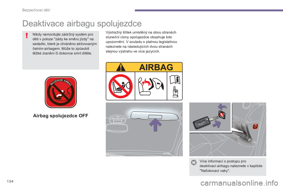 PEUGEOT 5008 2014  Návod na použití (in Czech) Bezpečnost dětí
134
   
Airbag spolujezdce OFF  
 
 
Více informací o postupu pro 
deaktivaci airbagu naleznete v kapitole 
"Nafukovací vaky".  
 
 
Deaktivace airbagu spolujezdce  
 
 
Nikdy ne