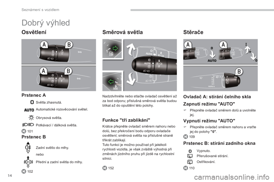 PEUGEOT 5008 2014  Návod na použití (in Czech) 101
102152
109
11 0
Seznámení s vozidlem
14
  Dobrý výhled 
 
 
Osvětlení 
 
 
Prstenec A 
 
Světla zhasnutá. 
 
 
Prstenec B 
 
Obrysová světla. 
  Potkávací / dálková světla.  
  Zadn