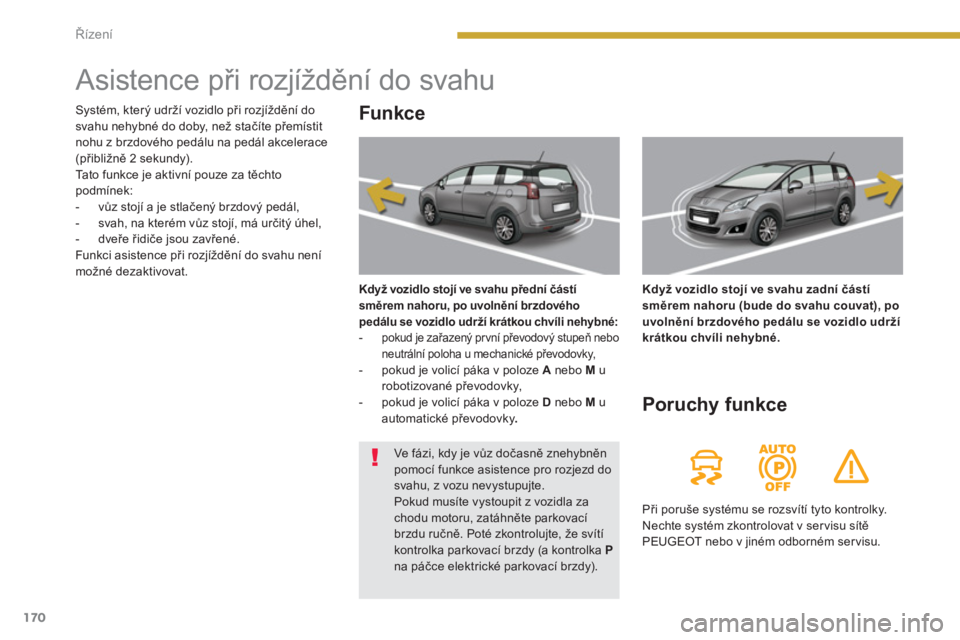 PEUGEOT 5008 2014  Návod na použití (in Czech) Řízení
170
   
 
 
 
 
 
 
 
 
 
 
 
 
 
Asistence při rozjíždění do svahu 
 
 
Funkce 
 
 
Když vozidlo stojí ve svahu přední částí 
směrem nahoru, po uvolnění brzdového 
pedálu s