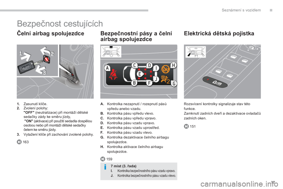 PEUGEOT 5008 2014  Návod na použití (in Czech) .
163
159
151
Seznámení s vozidlem
17
  Bezpečnost cestujících 
 
 
Čelní airbag spolujezdce 
 
 
 
1. 
 Zasunutí klíče. 
   
2. 
 Zvolení polohy:  
    "OFF" 
 (neutralizace) při montáž