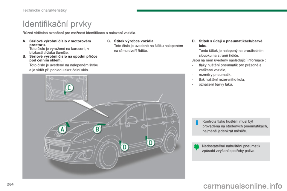 PEUGEOT 5008 2014 Návod na použití (in Czech) Technické charakteristiky
264
Identifi kační prvky
A.
Sériové výrobní číslo v motorovém
prostoru.
To t o číslo je vyra PEUGEOT 5008 2014 Návod na použití (in Czech) Technické charakteristiky
264
Identifi kační prvky
A.
Sériové výrobní číslo v motorovém
prostoru.
To t o číslo je vyra