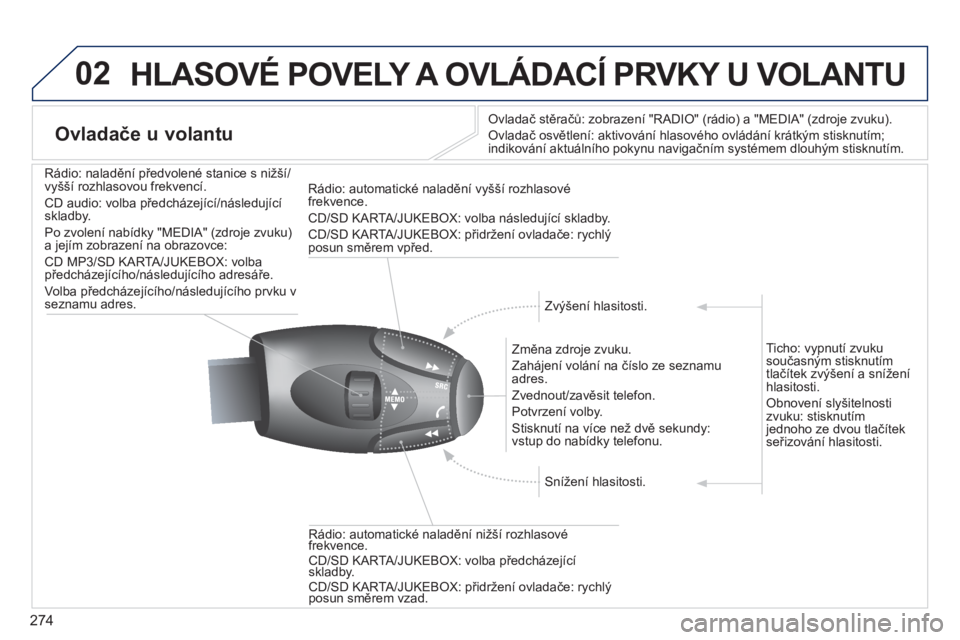 PEUGEOT 5008 2014 Návod na použití (in Czech) 274
02 HLASOVÉ POVELY A OVLÁDACÍ PRVKY U VOLANTU
Ovladače u volantu
Ovladač stěračů: zobrazení "RADIO" (rádio) a "MEDIA" (zdroje zvuku).
Ovladač osvětlení: aktivov PEUGEOT 5008 2014 Návod na použití (in Czech) 274
02 HLASOVÉ POVELY A OVLÁDACÍ PRVKY U VOLANTU
Ovladače u volantu
Ovladač stěračů: zobrazení "RADIO" (rádio) a "MEDIA" (zdroje zvuku).
Ovladač osvětlení: aktivov