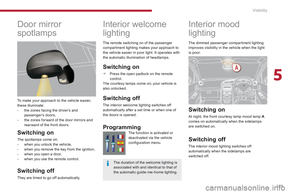 PEUGEOT 5008 2013.5 Owners Manual 5
Visibility115
Interior mood
lighting
Switching on
At night, the front courtesy lamp mood lamp Acomes on automatically when the sidelamps are switched on.
Switching off
The in PEUGEOT 5008 2013.5 Owners Manual 5
Visibility115
Interior mood
lighting
Switching on
At night, the front courtesy lamp mood lamp Acomes on automatically when the sidelamps are switched on.
Switching off
The in