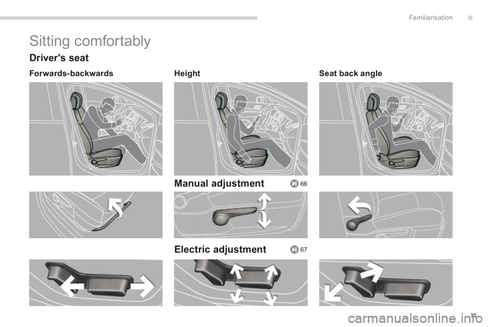 PEUGEOT 5008 2013.5 User Guide .
66
67
Familiarisation11
 Sitting  comfortably 
  Drivers  seat 
  Forwards-backwards    Height   
  Manual  adjustment  
  Electric  adjustment 
  Seat  back  angle    