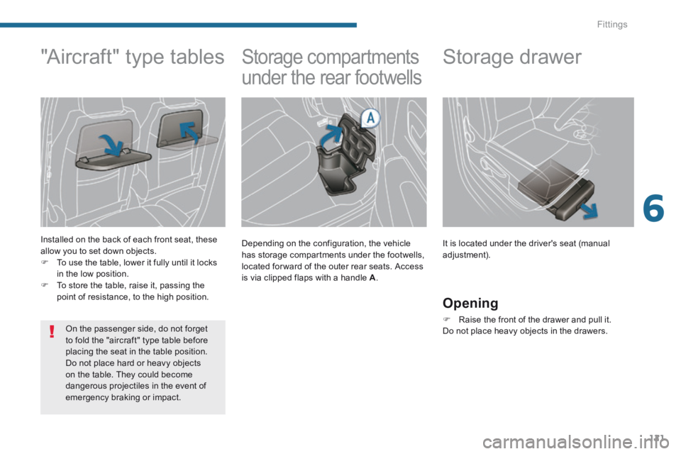 PEUGEOT 5008 2013.5 Owners Manual 6
Fittings121
Storage compartments
under the rear footwells
Depending on the configuration, the vehicle has storage compartments under the footwells, located for ward of the outer rear seat PEUGEOT 5008 2013.5 Owners Manual 6
Fittings121
Storage compartments
under the rear footwells
Depending on the configuration, the vehicle has storage compartments under the footwells, located for ward of the outer rear seat
