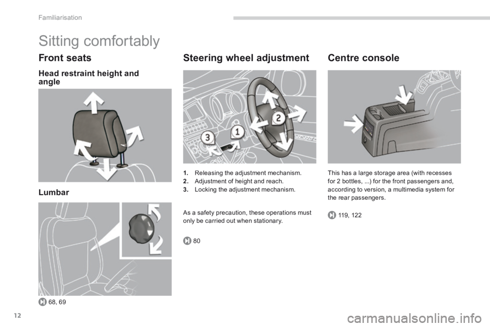 PEUGEOT 5008 2013.5 User Guide 68, 69
80
119, 122
Familiarisation
12
 Sitting  comfortably 
  Front  seats 
  Head restraint height and angle  
  Lumbar   
  Steering  wheel  adjustment 
1.   Releasing the adjustment mechanism. 2. 