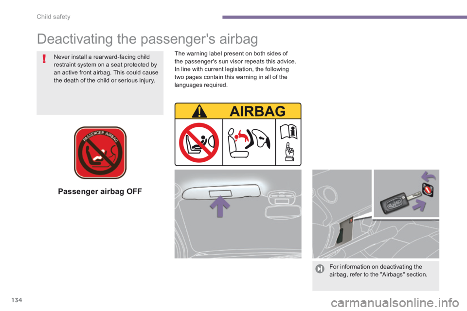 PEUGEOT 5008 2013.5 Owners Manual Child safety
134
Passenger airbag OFF
For information on deactivating the airbag, refer to the "Airbags" section.
Deactivating the passengers airbag
Never install a rear ward-facing c PEUGEOT 5008 2013.5 Owners Manual Child safety
134
Passenger airbag OFF
For information on deactivating the airbag, refer to the "Airbags" section.
Deactivating the passengers airbag
Never install a rear ward-facing c