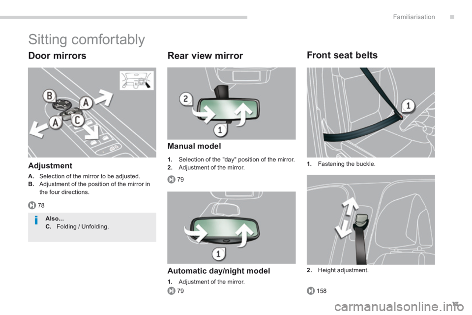 PEUGEOT 5008 2013.5 User Guide .
78
79
79158
Familiarisation13
 Sitting  comfortably 
  Door  mirrors 
  Adjustment 
A.   Selection of the mirror to be adjusted. B.   Adjustment of the position of the mirror in the four directions.