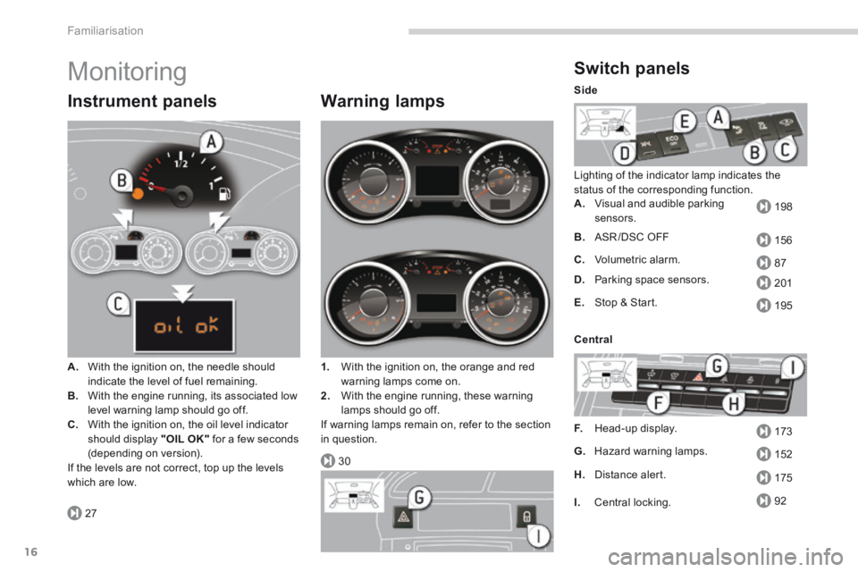 PEUGEOT 5008 2013.5 User Guide 27
30
198
156
87
201
195
173
152
175
92
Familiarisation
16
 Monitoring 
  Instrument  panels 
A.   With the ignition on, the needle should indicate the level of fuel remaining. 
B.   With the engine r