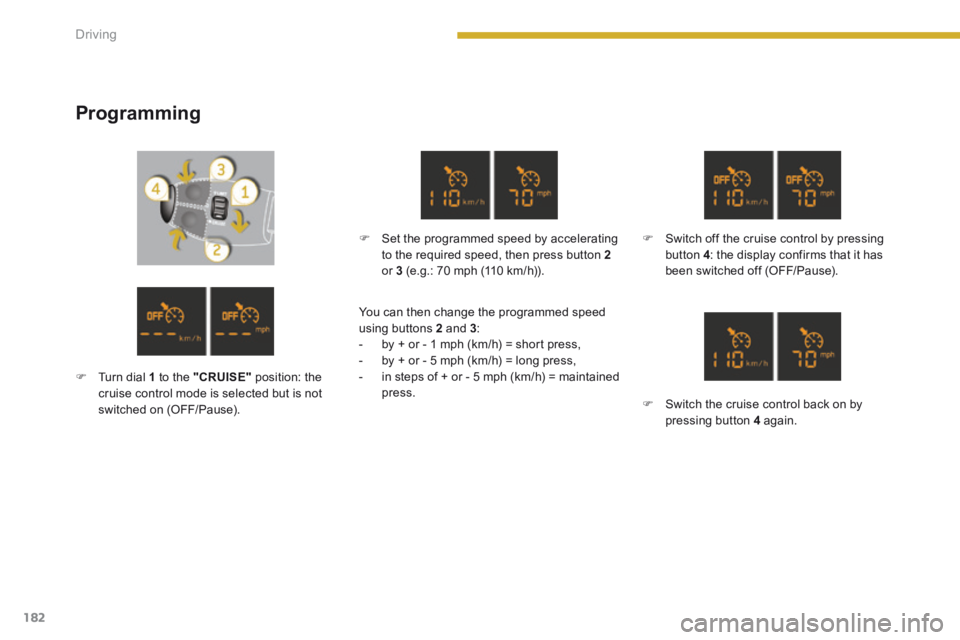 PEUGEOT 5008 2013.5 Owners Manual Driving
182
Programming
Set the programmed speed by accelerating to the required speed, then press button 2or 3 (e.g.: 70 mph (110 km/h)).
Switch off the cruise control by pressing PEUGEOT 5008 2013.5 Owners Manual Driving
182
Programming
Set the programmed speed by accelerating to the required speed, then press button 2or 3 (e.g.: 70 mph (110 km/h)).
Switch off the cruise control by pressing