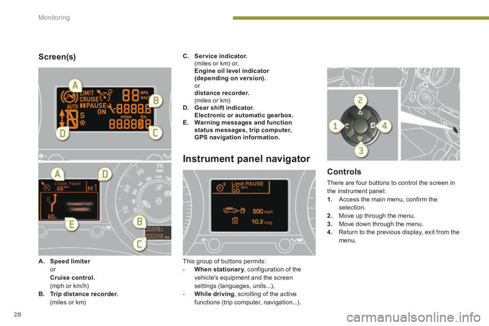 PEUGEOT 5008 2013.5  Owners Manual Monitoring
28
  Screen(s) 
Instrument panel navigator 
 This group of buttons permits:    -    When stationary , configuration of the When stationary , configuration of the When stationaryvehicles eq