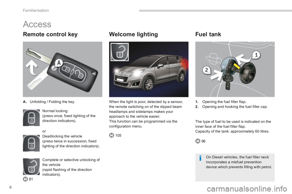 PEUGEOT 5008 2013.5 Owners Manual 81
105
96
Familiarisation
6
Access
Remote control key
A. Unfolding / Folding the key.
Normal locking (press once; fixed lighting of the direction indicators).
Deadlocking the vehicle PEUGEOT 5008 2013.5 Owners Manual 81
105
96
Familiarisation
6
Access
Remote control key
A. Unfolding / Folding the key.
Normal locking (press once; fixed lighting of the direction indicators).
Deadlocking the vehicle