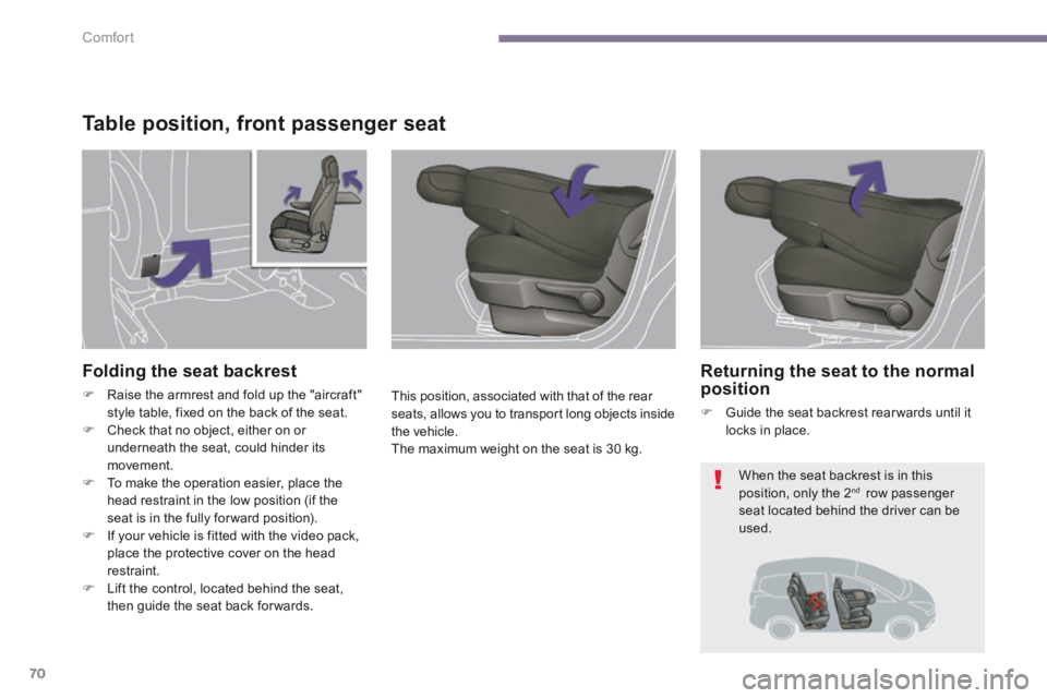 PEUGEOT 5008 2013.5 Manual PDF Comfort
70
Table position, front passenger seat
This position, associated with that of the rear seats, allows you to transport long objects inside the vehicle. The maximum weight on the seat is 30 PEUGEOT 5008 2013.5 Manual PDF Comfort
70
Table position, front passenger seat
This position, associated with that of the rear seats, allows you to transport long objects inside the vehicle. The maximum weight on the seat is 30