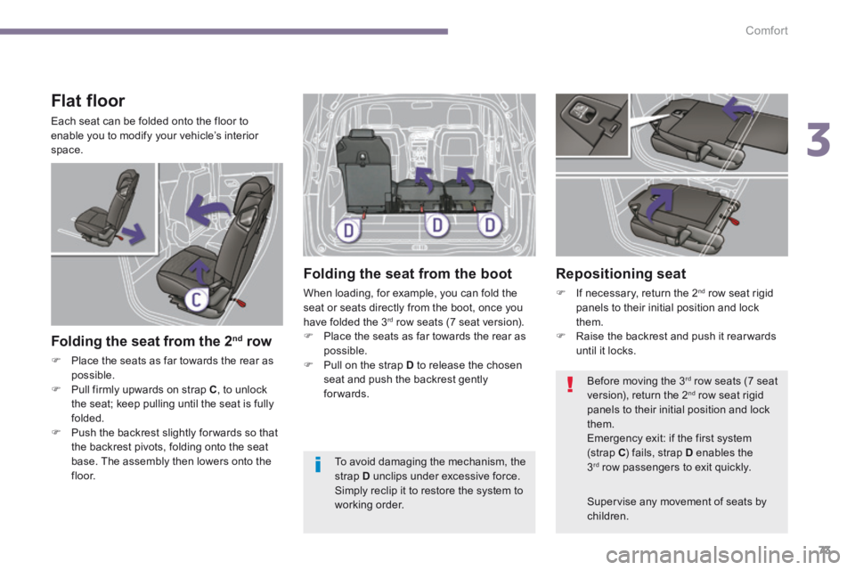 PEUGEOT 5008 2013.5  Owners Manual 3
Comfort73
  Flat  floor 
 Each seat can be folded onto the floor to enable you to modify your vehicle’s interior space. 
  Folding the seat from the 2 nd   row 
   Place the seats as far toward