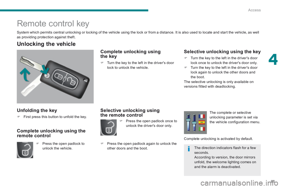 PEUGEOT 5008 2013.5  Owners Manual 4
Access81
  Unfolding  the  key 
   First press this button to unfold the key.   
  Unlocking  the  vehicle 
   Press the open padlock to unlock  the  vehicle.   
  Complete unlocking using the