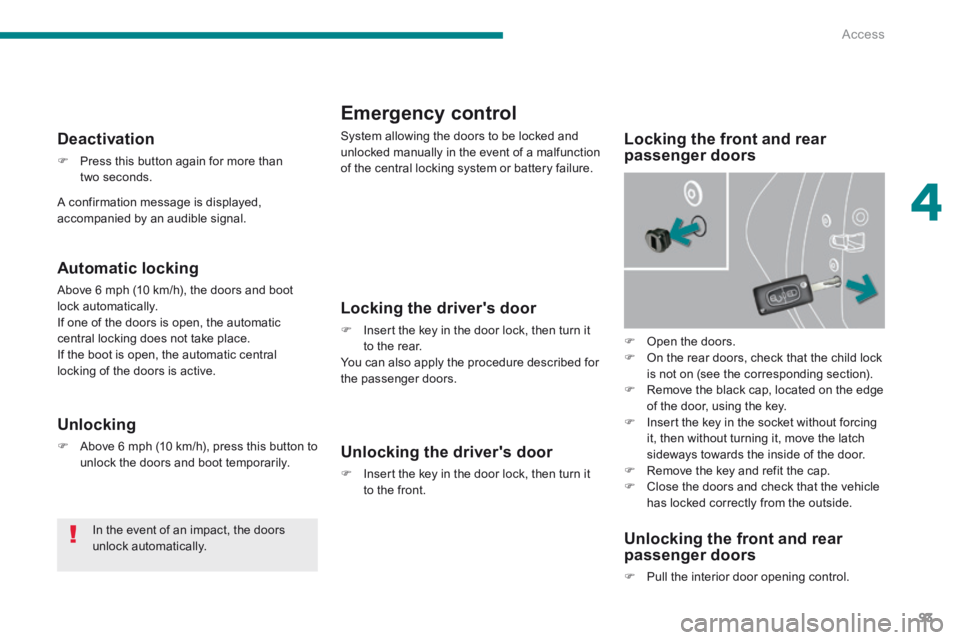 PEUGEOT 5008 2013.5  Owners Manual 4
Access93
Emergency control 
 System allowing the doors to be locked and unlocked manually in the event of a malfunction of the central locking system or battery failure. 
  Locking the front and rea