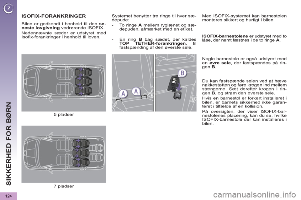 PEUGEOT 5008 2013 Brugsanvisning (in Danish) SIKKERHED FOR BØRN
124
ISOFIX-FORANKRINGER
Systemet benytter tre ringe til hver sæ-
depude:
- To ringe A
mellem ryglænet og sæ-
depuden, afmærket med en etiket.
Med ISOFIX PEUGEOT 5008 2013 Brugsanvisning (in Danish) SIKKERHED FOR BØRN
124
ISOFIX-FORANKRINGER
Systemet benytter tre ringe til hver sæ-
depude:
- To ringe A
mellem ryglænet og sæ-
depuden, afmærket med en etiket.
Med ISOFIX