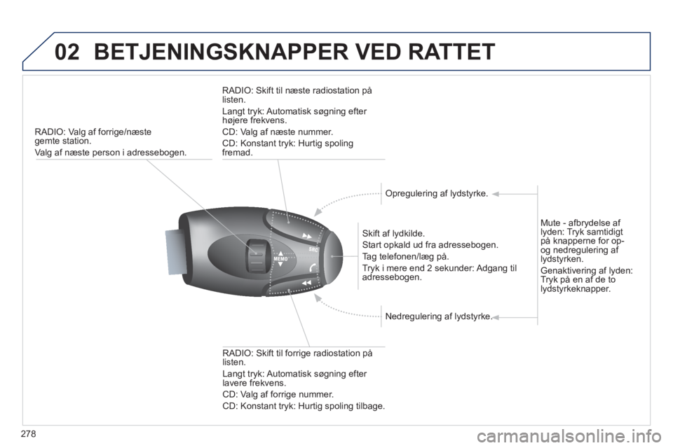 PEUGEOT 5008 2013  Brugsanvisning (in Danish) 278
02BETJENINGSKNAPPER VED RATTET
RADIO: Valg af forrige/næstegemte station.
Va l
g af næste person i adressebogen.
   
Skift af l
ydkilde. 
  Start opkald ud fra adressebo
gen. 
  Ta
g telefonen/l