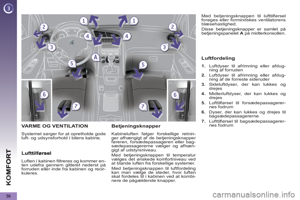 PEUGEOT 5008 2013  Brugsanvisning (in Danish) K
O
56
VARME OG VENTILATION
  Systemet sørger for at opretholde gode 
luft- og udsynsforhold i bilens kabine. 
Betjeningsknapper 
  Kabineluften følger forskellige retnin-
ger afhængigt af de betje