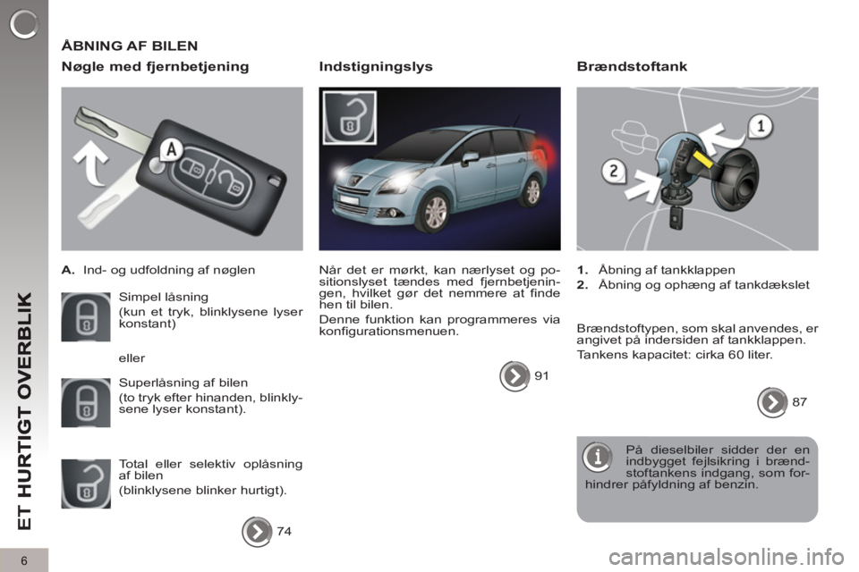 PEUGEOT 5008 2013  Brugsanvisning (in Danish) ET 
6
 ÅBNING AF BILEN
   
Nø
gle med fjernbetjening
 
 
 
A. 
  Ind- og udfoldning af nøglen  
  Simpel låsning  
(kun et tryk, blinklysene lyser 
konstant) 
  Superlåsning af bilen  
(to tryk e