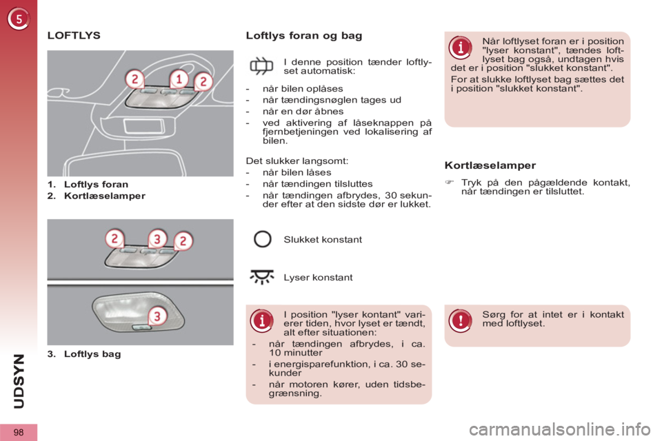 PEUGEOT 5008 2013  Brugsanvisning (in Danish) U
D
S
98
LOFTLYS
   
 
 
1. 
  Loftlys foran 
 
   
2. 
  Kortlæselamper 
 
Loftlys foran og bag 
 
I denne position tænder loftly-
set automatisk: 
   Kortlæselamper 
 
 
 
�) 
  Tryk på den påg