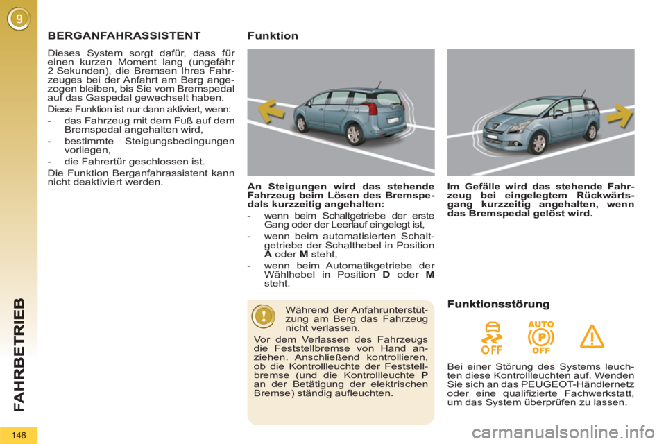 PEUGEOT 5008 2013  Betriebsanleitungen (in German) FA H
146
BERGANFAHRASSISTENT
  Dieses System sorgt dafür, dass für 
einen kurzen Moment lang (ungefähr 
2 Sekunden), die Bremsen Ihres Fahr-
zeuges bei der Anfahrt am Berg ange-
zogen bleiben, bis 