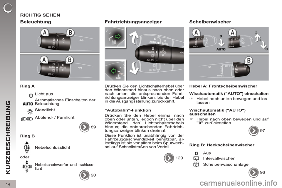 PEUGEOT 5008 2013 Betriebsanleitungen (in German) K
U
R
14
RICHTIG SEHEN
Beleuchtun
g
Ring A
Licht aus
Ring B Standlicht
Abblend- / Fernlicht
Nebelschlusslicht
oder
Nebelscheinwerfer und -schluss-
licht
Automatische PEUGEOT 5008 2013 Betriebsanleitungen (in German) K
U
R
14
RICHTIG SEHEN
Beleuchtun
g
Ring A
Licht aus
Ring B Standlicht
Abblend- / Fernlicht
Nebelschlusslicht
oder
Nebelscheinwerfer und -schluss-
licht
Automatische