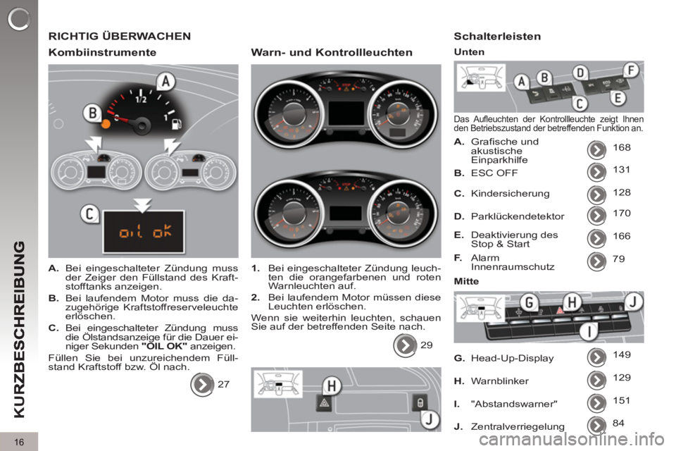 PEUGEOT 5008 2013  Betriebsanleitungen (in German) K
U
R
16
  RICHTIG ÜBERWACHEN 
   
Kombiinstrumente
 
 
 
A. 
  Bei eingeschalteter Zündung muss 
der Zeiger den Füllstand des Kraft-
stofftanks anzeigen. 
   
B. 
  Bei laufendem Motor muss die da