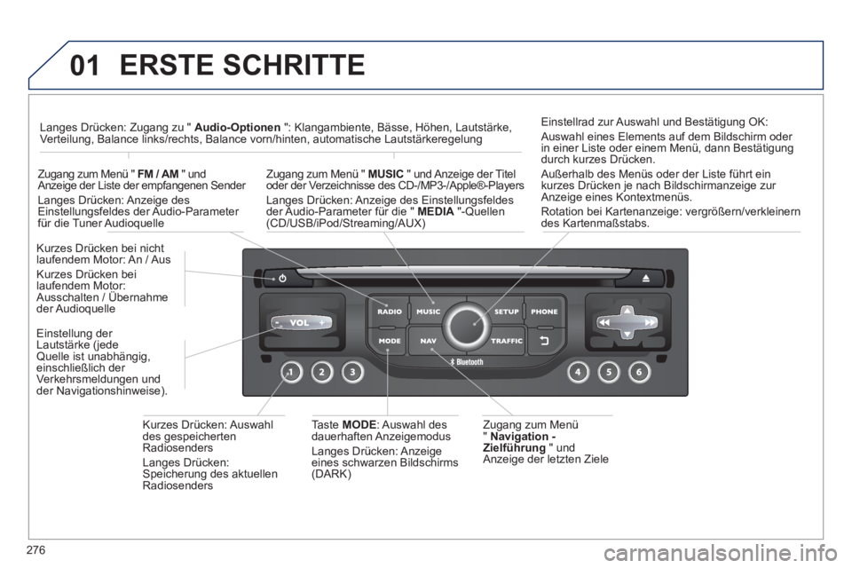 PEUGEOT 5008 2013 Betriebsanleitungen (in German) 276
01 ERSTE SCHRITTE
Zugang zum Menü
" Navigation -
Zielführun
g " undAnzeige der letzten Ziele
Kurzes Drücken bei nicht laufendem Motor: An / Aus
K
urzes Drücken beilaufendem Motor: PEUGEOT 5008 2013 Betriebsanleitungen (in German) 276
01 ERSTE SCHRITTE
Zugang zum Menü
" Navigation -
Zielführun
g " undAnzeige der letzten Ziele
Kurzes Drücken bei nicht laufendem Motor: An / Aus
K
urzes Drücken beilaufendem Motor:
